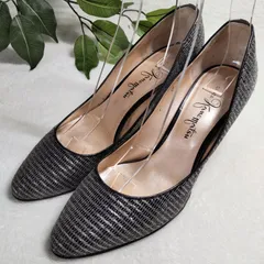 【良品】GINZA Kanematsu/銀座かねまつ/メタリックパンプス/ブラック/黒/シルバー/24.0cm
