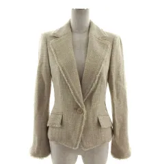 インディヴィ INDIVI ジャケット フォーマル テーラードカラー 日本製 フリンジ ツイード ウール混 ラメ ベージュ ホワイト 白 シルバー 38