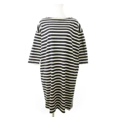 ナノユニバース nano universe ワンピース ひざ丈 七分袖 コットン ハリ感 厚手 カジュアル ボーダー 紺 ネイビー /AH17