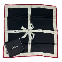 新品同様 CHANEL シャネル 大判 スカーフ リボン柄 シルク100％ ブラック 箱付き