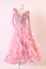 オーダー承ります　60日要　お求めの際はお問い合わせ下さい　ドレス　ピンク×プリント柄　Ｍサイズ　コンテスト・発表会・パーティ・ナイトロングドレス【オーダーメイド対応可】