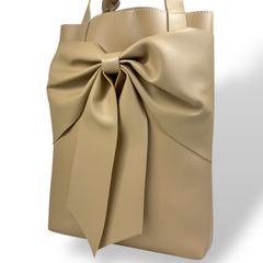 【B4503】 トートバッグ ショルダーバッグ フェイクレザー ビッグリボン 無地 デザインバッグ ベージュ ライトブラウン 小物入れポーチ付き