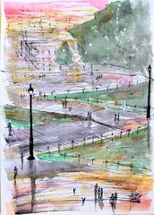 原画#304 黒猫 夕暮れ モンマルトルの丘 パリ フランス 水彩画