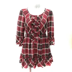 レストローズ L'EST ROSE ワンピース ミニ 七分袖 チェック フリル 2 M 赤 ボルドー 茶 ブラウン /YI