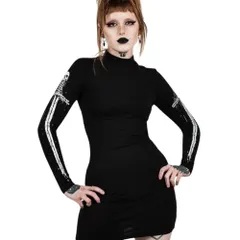 Mサイズ ゴシックミニワンピース 長袖 骨プリント ブラック 地雷系 ゴスロリ タイトシルエット 衣装用 コスプレ用