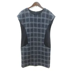 コムサデモード COMME CA DU MODE ワンピース ミニ チェック フレンチスリーブ 切替 ウール 9 M 紺 ネイビー /MN