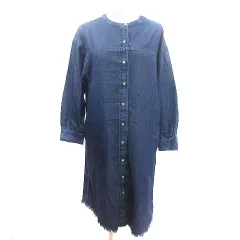 シューラルー SHOO・LA・RUE シャツワンピース ロング ノーカラー シャンブレー カットオフ ダメージ加工 長袖 L 紺 ネイビー /AU