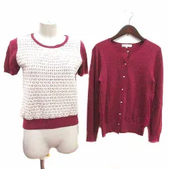 組曲 クミキョク KUMIKYOKU カーディガン ニット カットソー 切替 レース 半袖 ウール 2 M 紫 パープル /YK