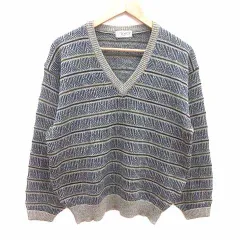 トロイ TOROY ニット セーター Vネック 総柄 長袖 ウール M 青 ブルー グレー /YK