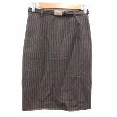 ナイスクラップ NICE CLAUP タイトスカート ひざ丈 ベルト ストライプ ウール 茶 ブラウン /YK