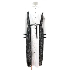 アンデミュウ Andemiu ワンピース ロング レース 長袖 切替 F 白 ホワイト 黒 ブラック /MN