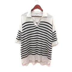 モノマート MONO-MART ニット カットソー オーバーサイズ ボーダー 五分袖 L 白 ホワイト 黒 ブラック /MS