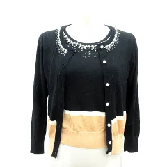 エフデ ef-de アンサンブル ニット カーディガン ビジュー カットソー 半袖 9 M 黒 ブラック /MN