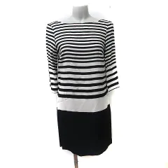 ザラ ベーシック ZARA BASIC ワンピース ひざ丈 七分袖 ボーダー 黒 ブラック アイボリー /YI