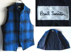 コレクション使用 Paul Smith ポールスミス メインライン 中綿/エコダウン入 キルティング裏地 チェック ウール ベスト ジレ L ブルー ブラック 青 黒 LOOK着用