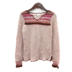 エムケー ミッシェルクラン MK MICHEL KLEIN ニット セーター ボーダー 長袖 ラメ ビーズ ウール 38 M ピンクベージュ /MN