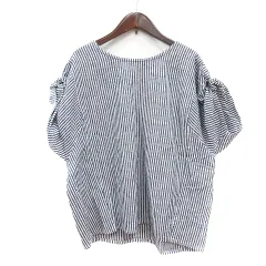 スタディオクリップ Studio Clip ブラウス ストライプ 五分袖 麻 リネン 紺 ネイビー /MN ●RY