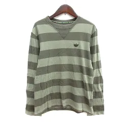 アディダスオリジナルス adidas originals カットソー Tシャツ クルーネック ボーダー 長袖 ロゴ刺繍 S 緑 カーキ /MN