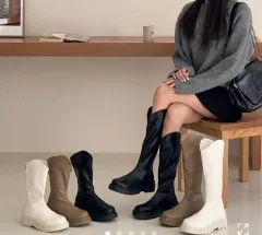 ラウンドトゥ ウェスタン ミドル ロングブーツ