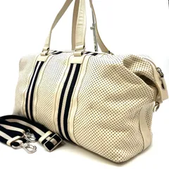 【良品】BALLY バリー 2way ハンドバッグ  トートバッグ ボストンバッグ ショルダーバッグ パンチング レザー 革 ベージュ 肌色 オフホワイト 白色 トレインスポッティング ライン ユニセックス 男女兼用 メンズ レディース