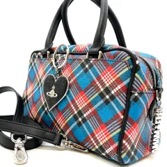【美品】Vivienne Westwood ヴィヴィアンウエストウッド ヤスミン ハンドバッグ トートバッグ ショルダーバッグ ORB オーブ 総柄 タータンチェック マルチカラー ブルー 青色  pvc レザー 革 ユニセックス 男女兼用 メンズ レディース