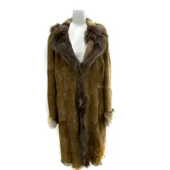 ノーブランド レザーコート L 裏地フォックスファー 毛皮 ロング 茶 ブラウン /AE ■GY59