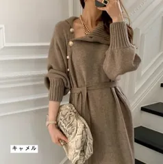 ニットワンピース レディース リブ ニットワンピ 即購入OK マキシ丈 ボタン きれいめ 上品 大人 2025秋冬新作 秋冬 ハイネック 長袖 きれいめ ハイウエスト 体型カバー 送料無料 ロングンピース ニット