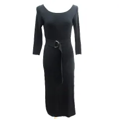 リエンダ rienda ニット ワンピース ロング 七分袖 ウエストマーク F 黒 ブラック /AU