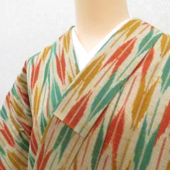 ウール着物 八掛付 ベージュ×カラシ×朱×緑 矢羽根 バチ衿 カジュアルきもの 普段着物 仕立て上がり ウールきもの 和洋ミックス 身丈151.7cm