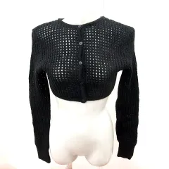 ノーブランド カーディガン ニット ショート丈 長袖 ウール モヘヤ混 F 黒 ブラック /RT