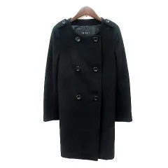 インディヴィ INDIVI ノーカラーコート ダブル 総裏地 アンゴラ 36 S 黒 ブラック /MN