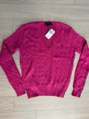 新品) ポロラルフローレン ディープピンク Vネック ケーブルニット L