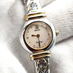 ビンテージ 1988 SEIKO セイコー Exceline エクセリーヌ ジュエリーウォッチ 1E20-0680 クォーツ  レディース 腕時計　水色のストーン付き 電池新品 ベルト洗浄 本体消毒済み