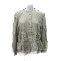 ザラ ZARA シャツ ブラウス バンドカラー 長袖 麻 リネン 緑 カーキ /YI 