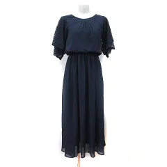 レースレディース LACE LADIES ワンピース ロング シフォン 切替 レース 半袖 S 紺 ネイビー /YI