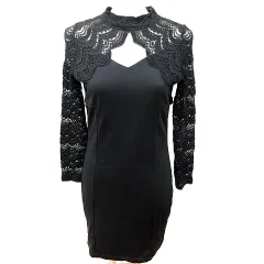 リゼクシー RESEXXY ワンピース タイト ひざ丈 長袖 総柄 刺繍 F 黒 ブラック /RT