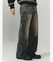 スリット ウォッシュ デニム ブラックデニム ワイド パンツ L