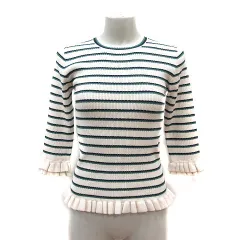 トランテアン ソン ドゥ モード 31 Sons de mode ニット カットソー リブ ボーダー フリル 七分袖 36 白 アイボリー 緑 グリーン 紺 ネイビー /MS