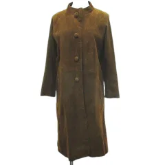 スエード ヴィンテージ ノーカラーコート ロング丈 M 茶系 ブラウン 無地 ボタン 裏地