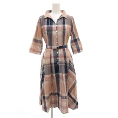 レディアゼル REDYAZEL シャツワンピース オープンカラー M ピンク 紺 ネイビー チェック柄 ベルト付 リネン混 7分袖 ロング /GV ■GY43