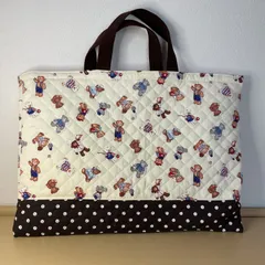 入園入学準備　りんりんのハンドメイド　レッスンバッグ　通園バッグ　絵本袋　テディベアキルティング　ドットブラウン