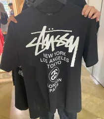 スツーシー STUSSY ロゴ文字プリントの丸首プルオーバー半袖Tシャツ 男女兼用