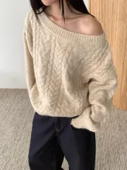 オープンショルダーケーブルニット ウールニット ワンオフショルダー