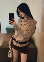 (海外配送)カラーネック ボタン ポイント ニット 長袖Tシャツ