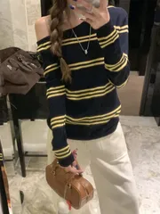 春 ニット Tシャツ オフショルダー ボーダー柄 ボートネック ストライプ リブ Tシャツ (EVNNE T)