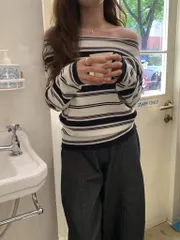 ストライプ オフショルダー ニット Tシャツ