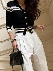 バイカラー ゴールドボタン ニット カーディガン