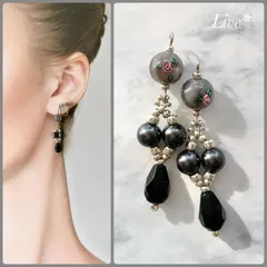 【選べる金具】チェコランプビーズ ローズ 薔薇 スワロフスキーパール ピアス/イヤリング ブラック×シルバー アンティーク調 ハンドメイド  No.1973