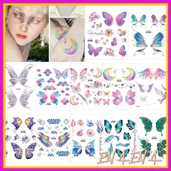 タトゥー シール ハロウィン 縫い傷 傷跡 刺青 蝶 花 かわいい かっこいい おしゃれ 入れ墨シール 長持ち 祭り 誕生日 化粧 パーディー 仮装 (カラー胡蝶-14枚) 0