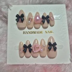 【SS～Sサイズ】ネイルチップ ベージュ 黒リボン ハート